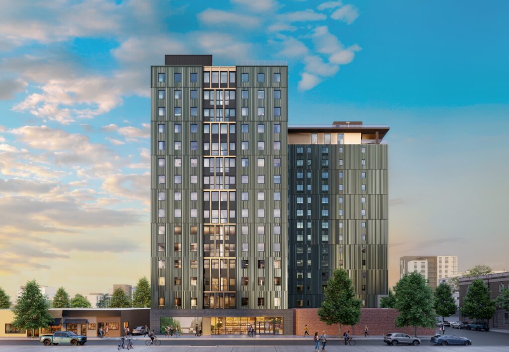 Exterior rendering of Chapter Alder and Eugene skyline