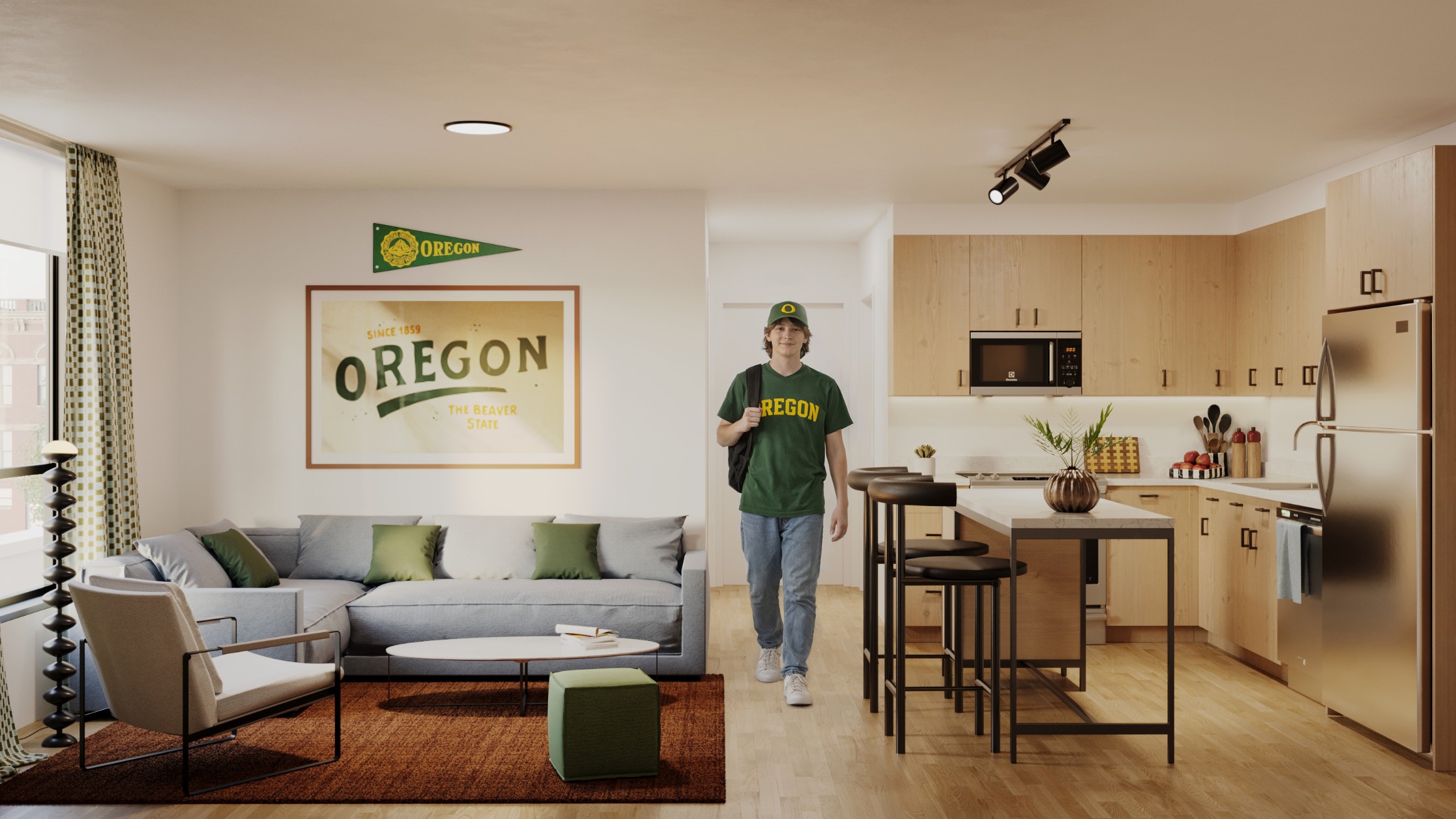 Rendering of an apartment living room and kitchen at Chapter Alder
