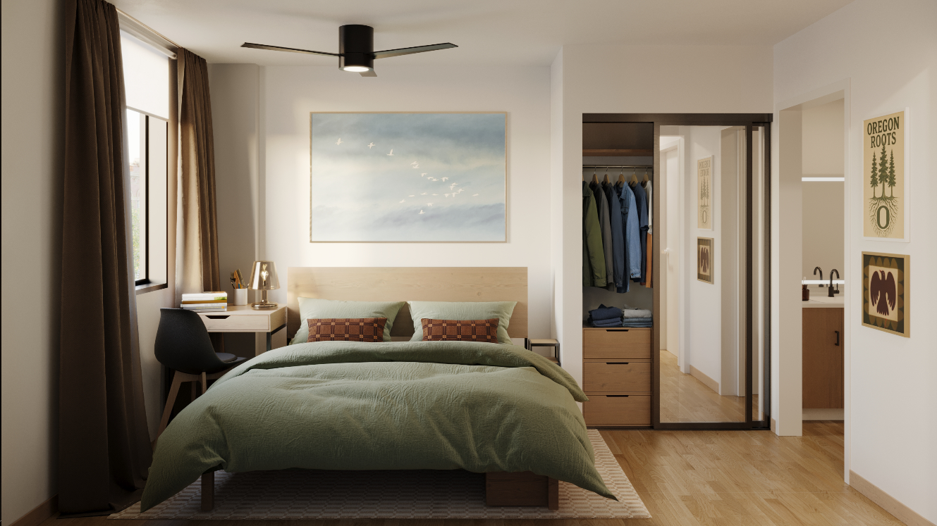 bedroom with desk and closet