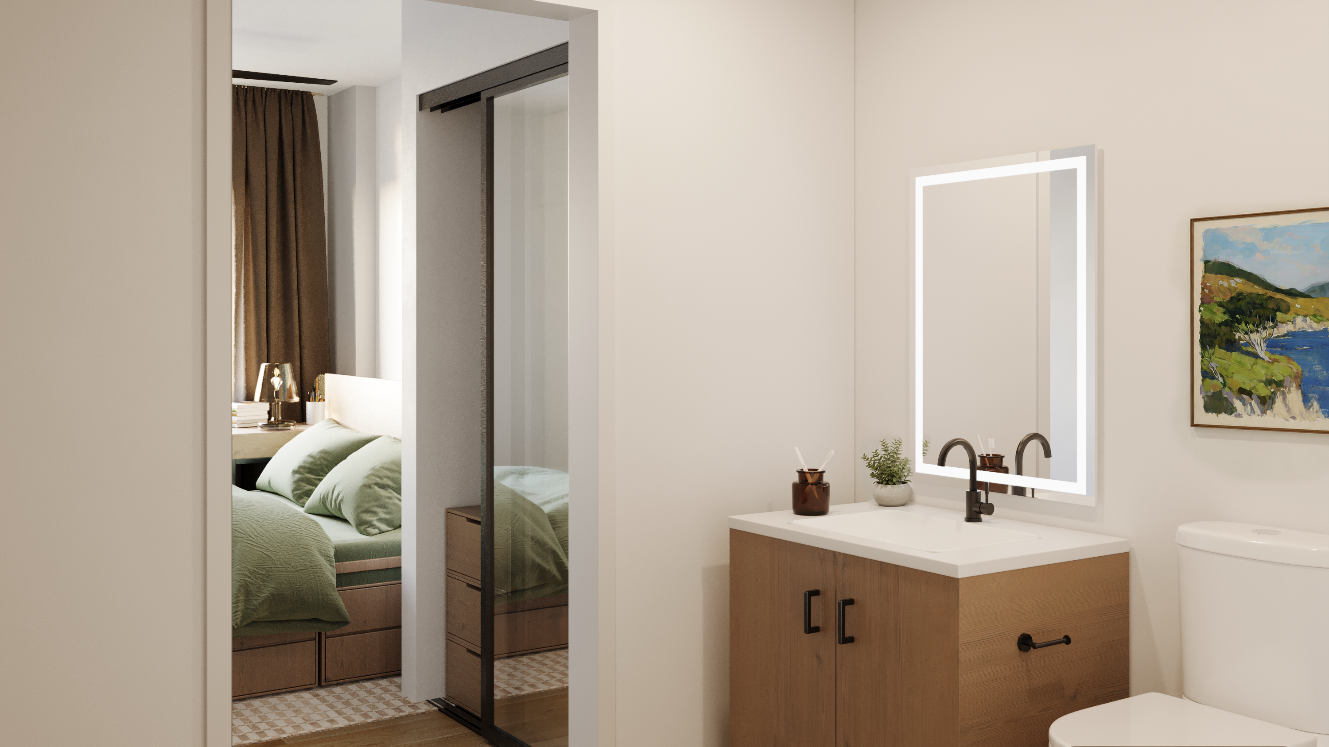 residential ensuite bathroom and bedroom view