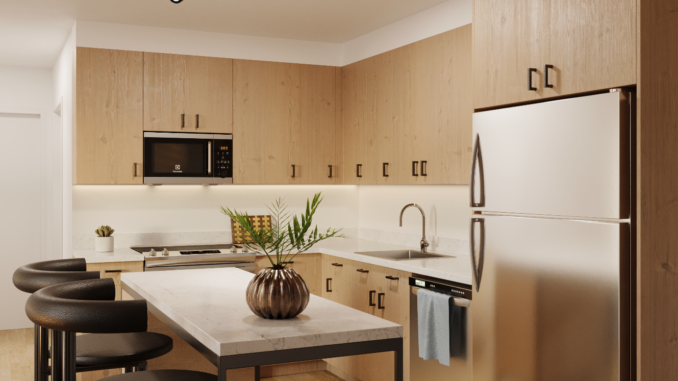 wood finished kitchen with dining island
