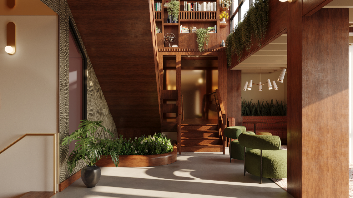 wood paneled library and seating nook