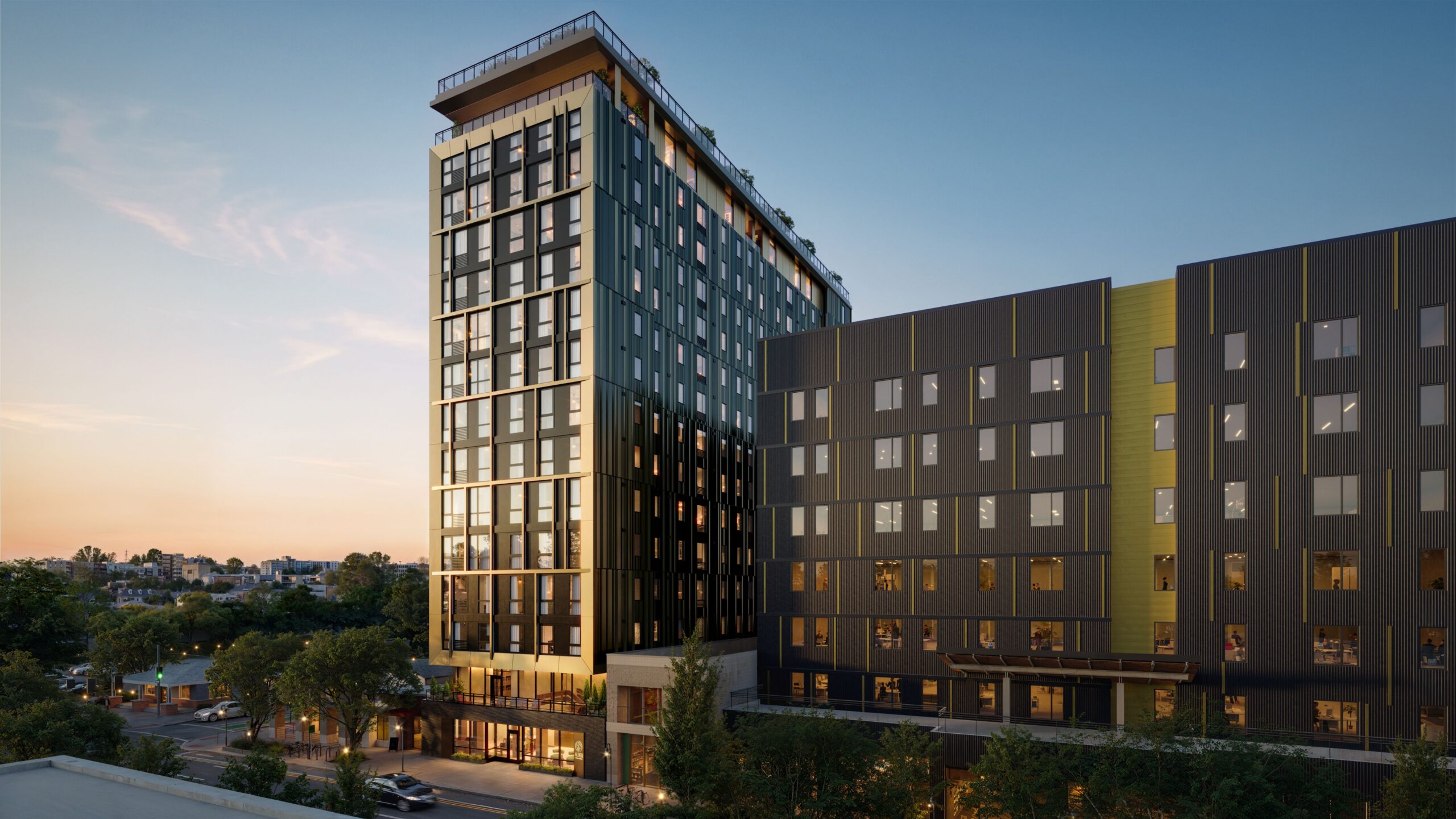 Aerial rendering of Alder, A Chapter Residence at sunset