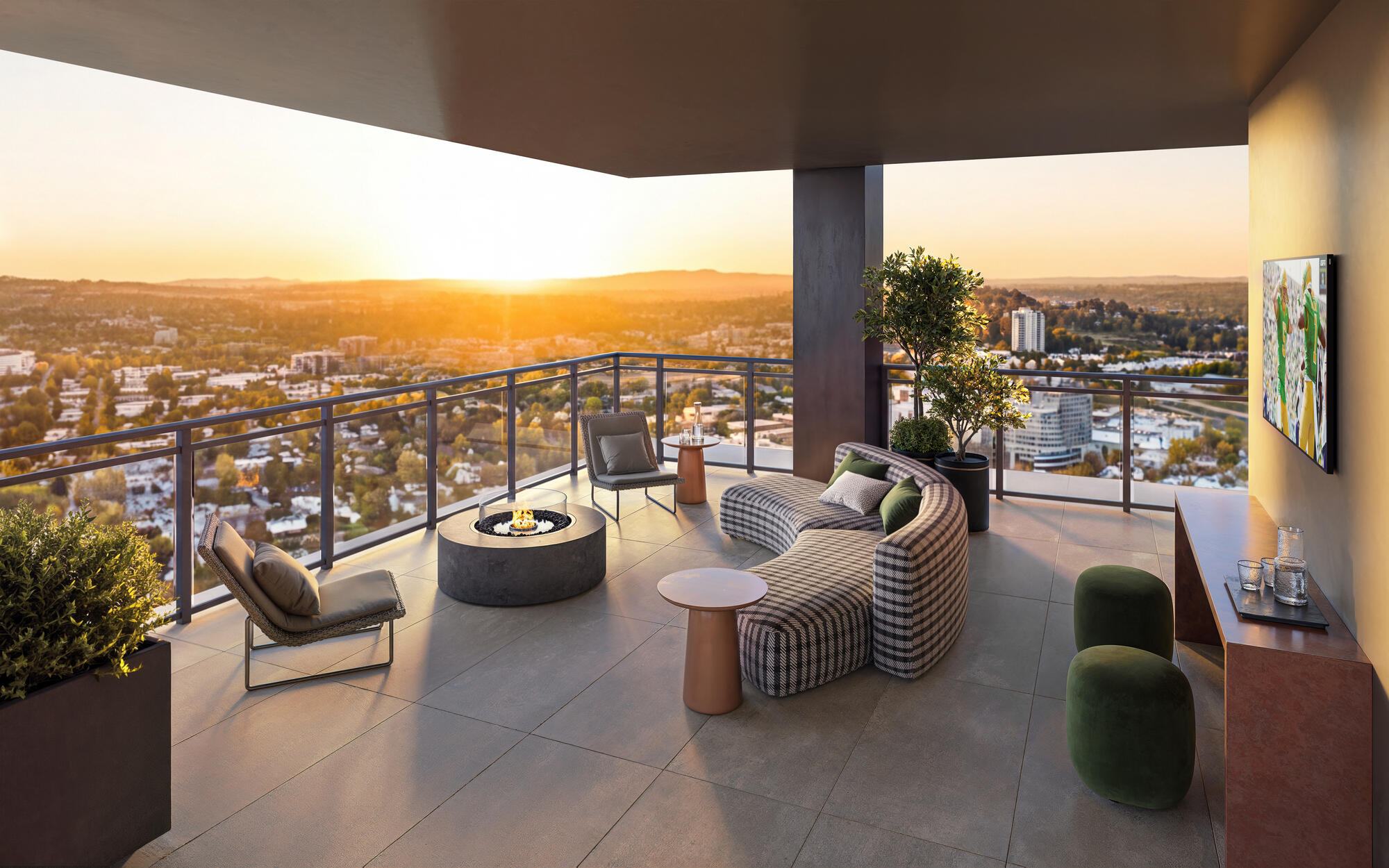15th floor outdoor deck with fire pit and city views at Chapter Alder at Eugene